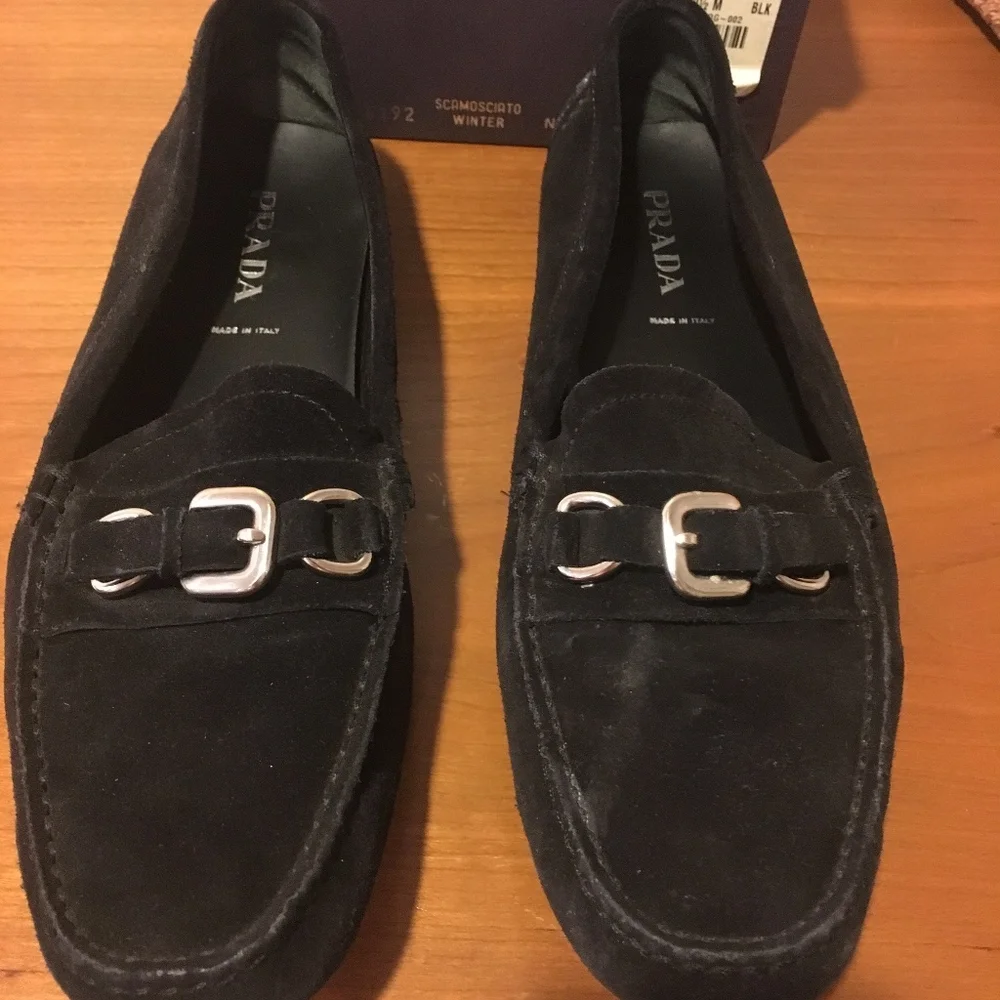 Prada Black Suede Loafers with Silver Buckle - Picture 2 of 8